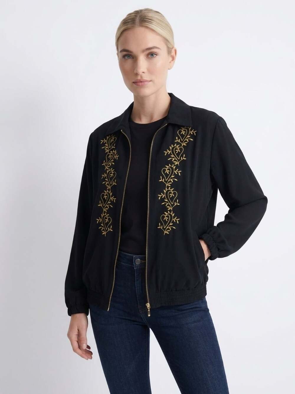 BonWorth Jacket Size S Black Gold Embroidered Heart Vine Zip Up